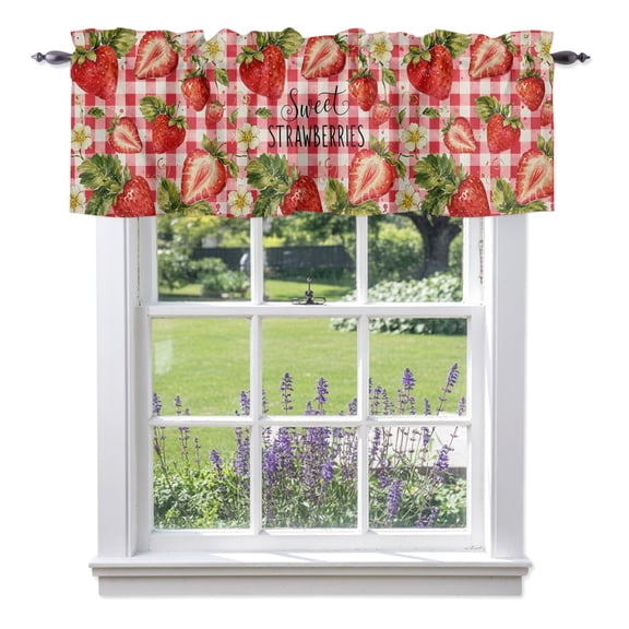 Red Strawberries Valance Curtain 1 Panel, Fruit Sweet STRAWBERRIES Text Green Leaf Red Plaid Kitchen Valance with Rod Pocket Window Treatment Short Curtains for Bathroom Bedroom, 42 x 12 Inches