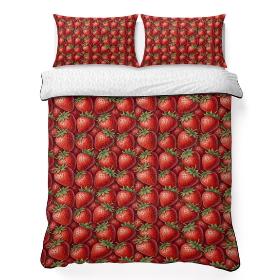 Red Strawberry 3 Piece Quilt Bedding Set with 2 Pillow Shams, Modern Ruby Red Berry Fruit Lightweight Bedspread Coverlet, Soft Breathable All Season Quilt, 79 x 90 Inch