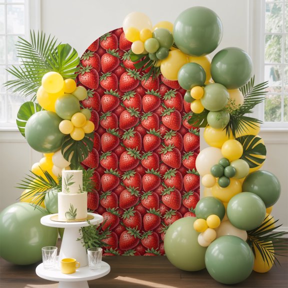 Red Strawberry Arch Backdrop Cover, 4FT, Modern Ruby Red Berry Fruit Spandex Arch Covers Double-Sided Backdrop for Wedding Birthday Party Photo Background Decoration