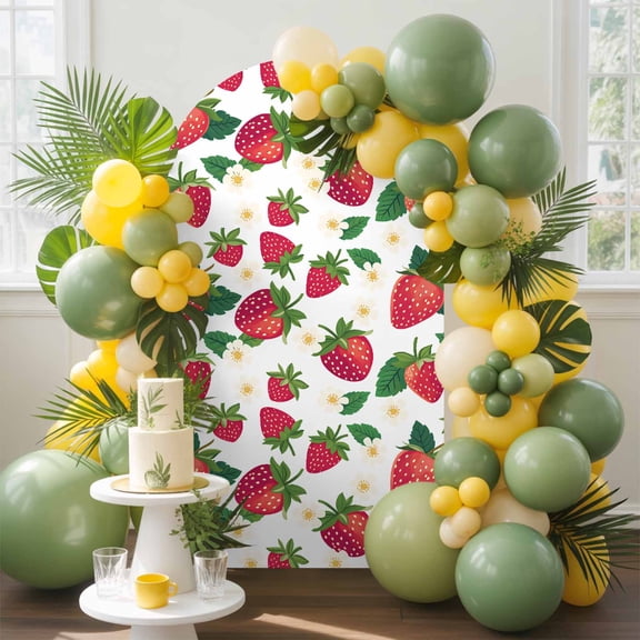Red Strawberry Arch Backdrop Cover, 6FT, White Flowers Leaf Pastoral Fruit Spandex Arch Covers Double-Sided Backdrop for Wedding Birthday Party Photo Background Decoration