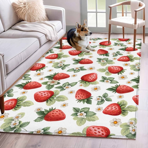 Red Strawberry Area Rug 4x6 Washable Rug Non Slip Summer Fruits Farmhouse Leaves Floral Rustic Large Area Rug Indoor Floor Carpet for Entryway Bedroom Kitchen Living Room Home Office Dining Room