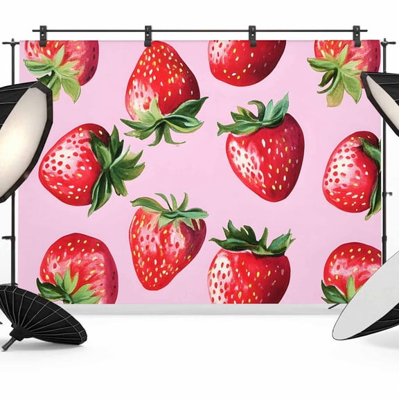 Red Strawberry Backdrop for Photography, Fabric Photo Background Backdrop, Pink Watercolor Modern Art Photo Booth Background for Portrait Photoshoot Video Wedding Studio Decoration Banner 7x5ft