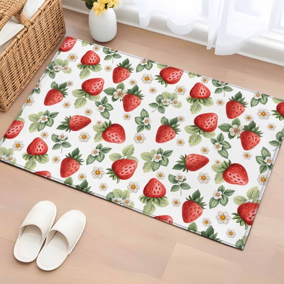 Red Strawberry Bathroom Rug Washable 2x3 Entryway Rug Non Slip Summer Fruits Farmhouse Leaves Floral Rustic Front Door Mat Low Pile Indoor Doormat Throw Floor Carpet for Kitchen Bedroom Entrance