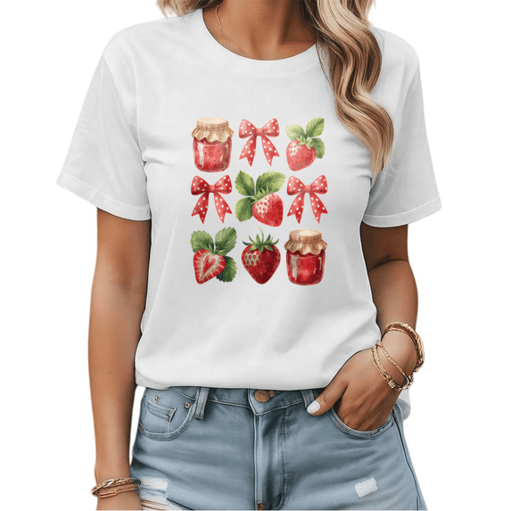 Red Strawberry & Bow Cluster Graphic Tees Womans T shirt Black/White S-5XL Shirts Casual Daily Tops