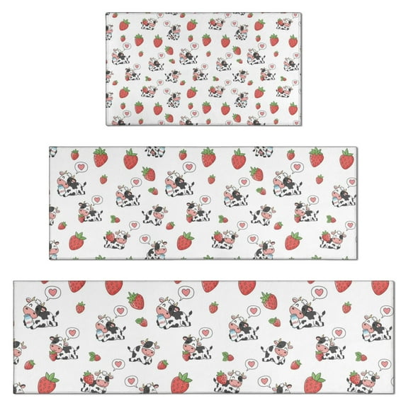 Red Strawberry Cow Pattern Kitchen Rugs Sets Of 3,Kitchen Runner Rugs Non Skid Washable,Decorative Kitchen Floor Mats for Kitchen,Sink,Laundry,17"x30"+ 17"x47" + 17"x59"