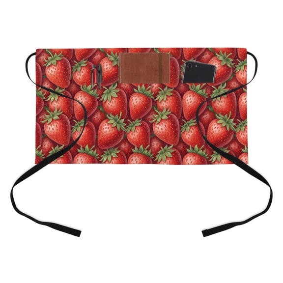 Red Strawberry Half Waist Apron Modern Ruby Red Berry Fruit Short Waiter Aprons with 3 Pockets for Women Men Kitchen Restaurant Cooking
