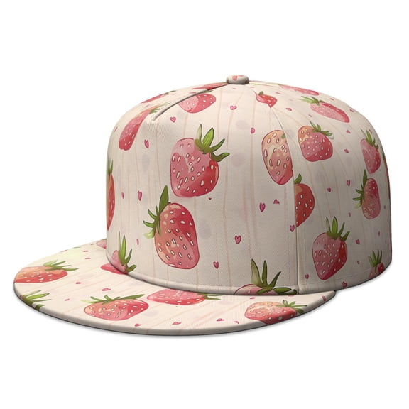 Red Strawberry Hat - Fresh Painted Berries Design Flat Brim Snapback, Fruit Lover Gift