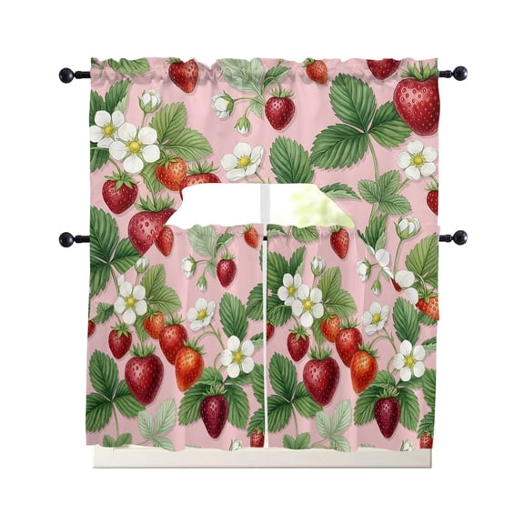 Red Strawberry Kitchen Curtains Set for Windows 3 Piece Cafe Curtains 36 Inch Length Swag Curtains Valances and Tier Set Watercolor Fruits Farmhouse Art Drapes for Bedroom Bathroom Living Room