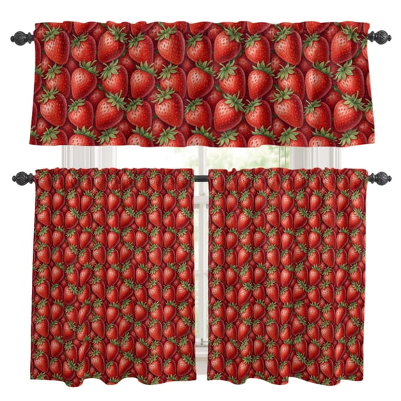 Red Strawberry Kitchen Curtains Set for Windows, Modern Ruby Red Berry Fruit Curtains Valance and Tier 3 Piece Set Small Drapes 24 Inch Length for Kitchen Bedroom Decor