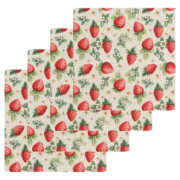 Red Strawberry Kitchen Dish Towels for Drying Dishes Set of 4, Summer Fruits Farmhouse Leaves Floral Retro Waffle Weave Microfiber Hand Tea Bathroom Towels Quick Dry & Absorbent Towel 12x12
