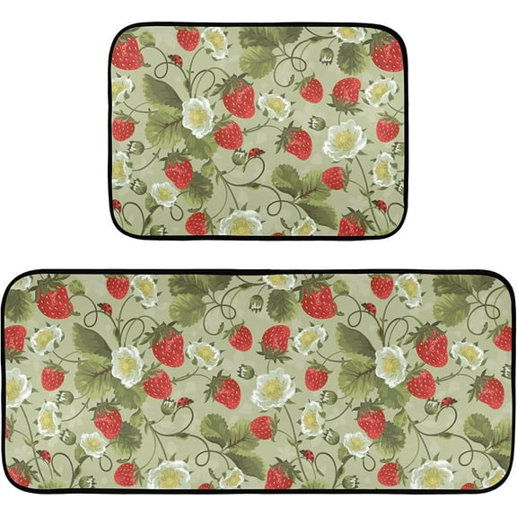 Red Strawberry Kitchen Mats Anti Fatigue 2 Pieces, Ultra Absorbent Strawberries and Ladybirds Kitchen Rugs Set of 2 Washable, Large Cushioned Non Slip Kitchen Mats for Standing, Green