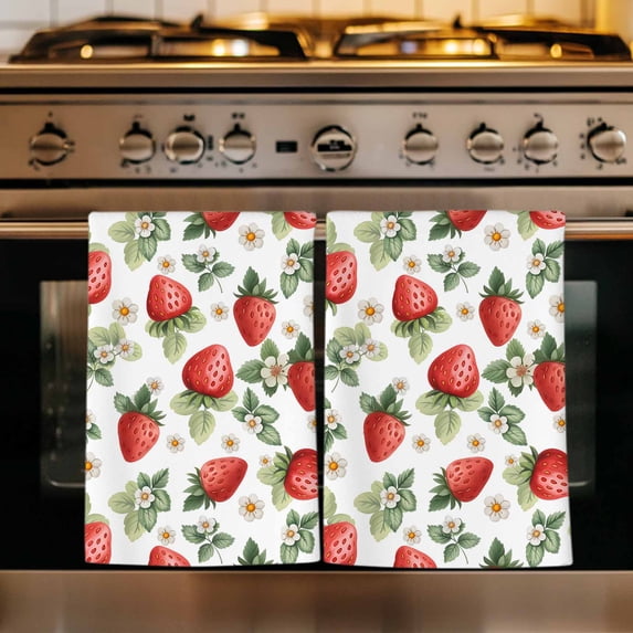 Red Strawberry Kitchen Towels Set of 2, Summer Fruits Farmhouse Leaves Floral Rustic Absorbent Dish Towels for Kitchen, Microfiber Hand Towel, Quick Drying Tea Towel for Cleaning Dishcloths