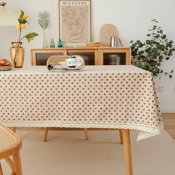 Red Strawberry Lace Rectangle Tablecloth Cotton Linen Table Cover for Kitchen Dinning Outdoor Picnic Party Tabletop Oblong 55 x 98 inch