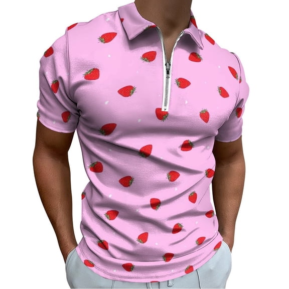 Red Strawberry Love Pattern Polka Dots Men Zipper T-shirt Summer Casual Short Sleeve T-shirt Top