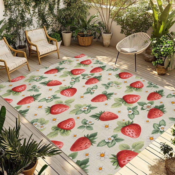 Red Strawberry Outdoor Rug for Patio/Deck/Porch, Non-Slip Large Area Rug 3 x 5 Ft, Summer Fruits Farmhouse Leaves Floral Retro Indoor Outdoor Rugs Washable Area Rugs, Camping Rug Carpet Runner