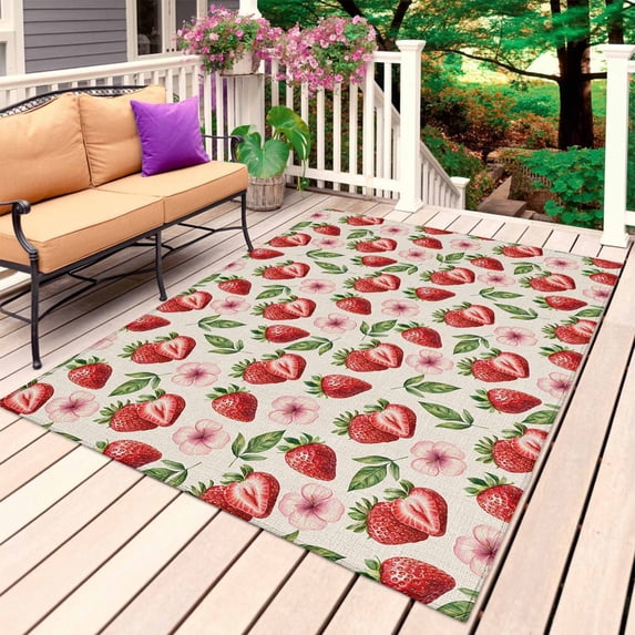 Red Strawberry Outdoor Rug for Patio/Deck/Porch, Non-Slip Large Area Rug 4 x 6 Ft, Country Fruit Summer Retro Tropical Indoor Outdoor Rugs Washable Area Rugs, Reversible Camping Rug Carpet Runner