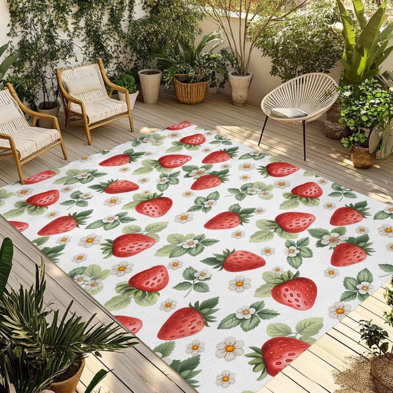 Red Strawberry Outdoor Rug for Patio/Deck/Porch, Non-Slip Large Area Rug 4 x 6 Ft, Summer Fruits Farmhouse Leaves Floral Rustic Indoor Outdoor Rugs Washable Area Rugs, Camping Rug Carpet Runner
