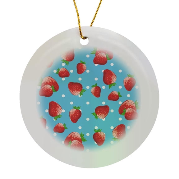 3drose, Red Strawberry Pattern on Blue - Cute Strawberries and Polka Dot Design - Summer Fruit Fruits, Circle Porcelain Ornament