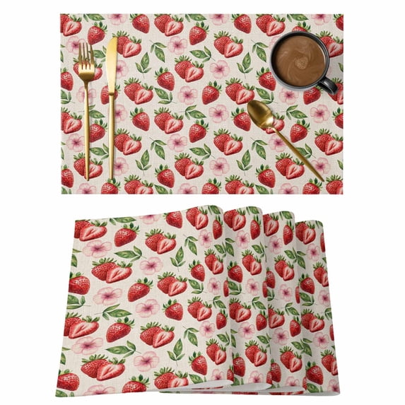 Red Strawberry Placemats Set of 6, Pink Flower Summer Fruit Vintage Linen Non-Slip Place Mats Washable Table Mats for Kitchen Dining Table Decorations Indoor/Outdoor
