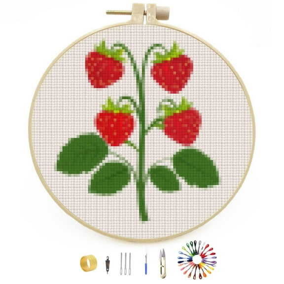 Red Strawberry Plant Stamped Cross Stitch Kits for Beginners with Hoop Simple Patterns 11CT Counted Embroidery Needlepoint Crafts Arts for DIY Enthusiasts and Home Decor 26x26cm(4)
