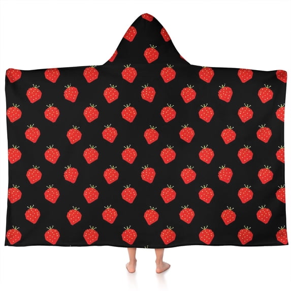 Red Strawberry Plants Black Pattern Hooded Bath Towel,60"x35" for Ages 3 To 12 Kids, Quick Dry Lightweight Soft Microfiber Hood Beach Towel Cover Up for Kids