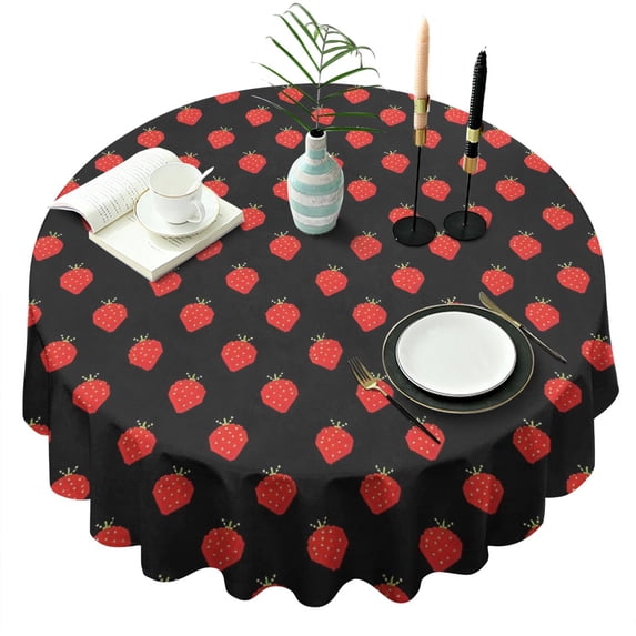 Red Strawberry Plants Black Pattern Round Tablecloth 60"x60",Wrinkle Wipeable Table Cloth for Kitchen Dining Room Picnic Patio Party