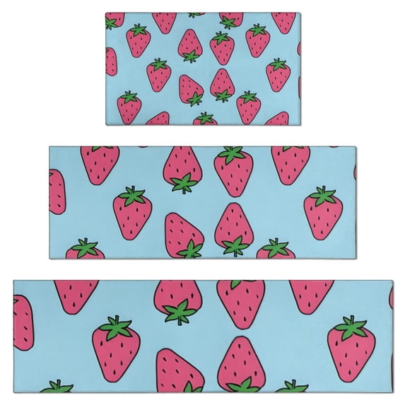 Red Strawberry Plants Blue Pattern Kitchen Rugs Sets Of 3,Kitchen Runner Rugs Non Skid Washable,Decorative Kitchen Floor Mats for Kitchen,Sink,Laundry,17"x30"+ 17"x47" + 17"x59"