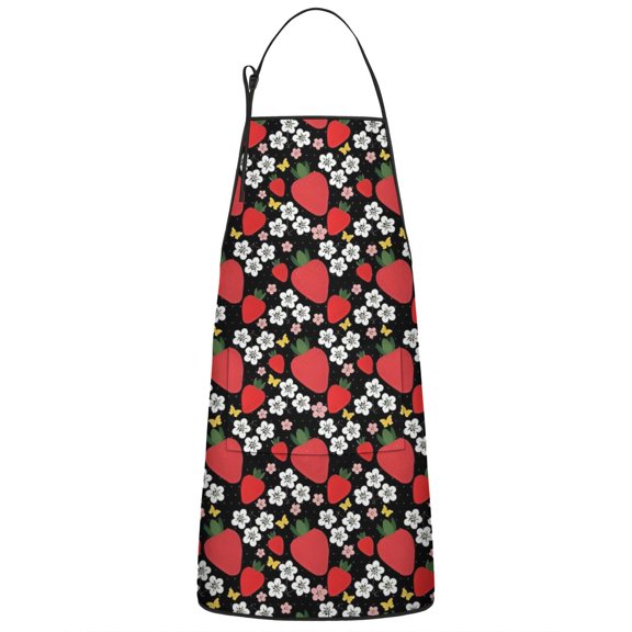 Red Strawberry Plants Flower Black Pattern Apron-Garden Aprons for Women with Pockets-Cotton Linen Waterproof Kitchen Cooking Gardening Aprons Adjustable for Kitchen,Cooking,BBQ and Salon 33x27 Inch