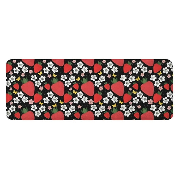 Red Strawberry Plants Flower Black Pattern Kitchen Rug Mat,Kitchen Runner Rugs Non Skid Washable,Decorative Kitchen Floor Mats for Kitchen,Sink,Laundry,17"x47.2"
