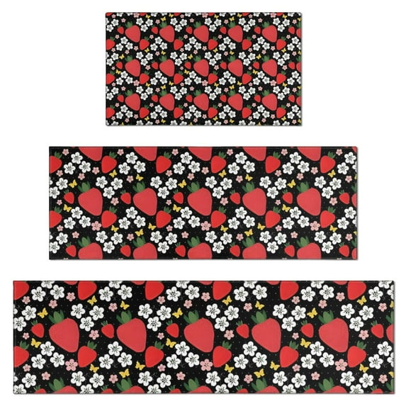 Red Strawberry Plants Flower Black Pattern Kitchen Rugs Sets Of 3,Kitchen Runner Rugs Non Skid Washable,Decorative Kitchen Floor Mats for Kitchen,Sink,Laundry,17"x30"+ 17"x47" + 17"x59"