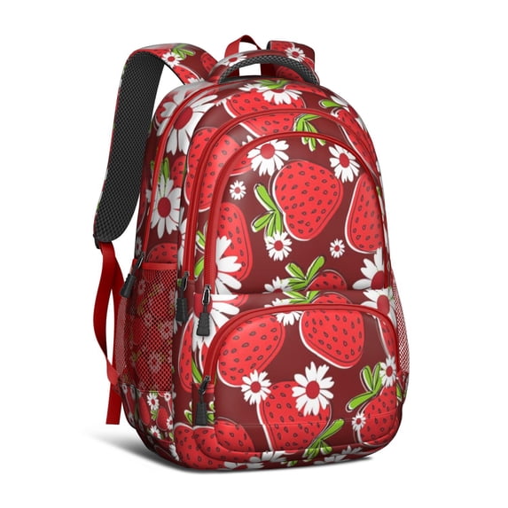 Red Strawberry Plants Fruit Backpack for School,Cute School Bag,Schoolbag with Adjustable Shoulder Straps & Padded Back,16.9 Inch