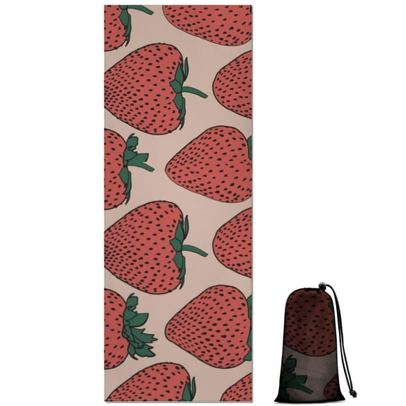 Red Strawberry Plants Fruit Beige Pattern Hot Yoga Mat Towel Non Slip for Hot Yoga - Quick-Drying Yoga Mat Cover with 4 Corner Pockets with Travel Bag - Hot Yoga Towel Non Slip 70"x26"