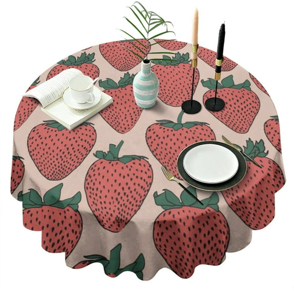 Red Strawberry Plants Fruit Beige Pattern Round Tablecloth 60"x60",Wrinkle Wipeable Table Cloth for Kitchen Dining Room Picnic Patio Party