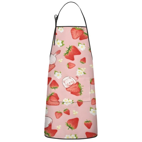 Red Strawberry Plants Fruit Cat Flower Apron-Garden Aprons for Women with Pockets-Cotton Linen Waterproof Kitchen Cooking Gardening Aprons Adjustable for Kitchen,Cooking,BBQ and Salon 33x27 Inch