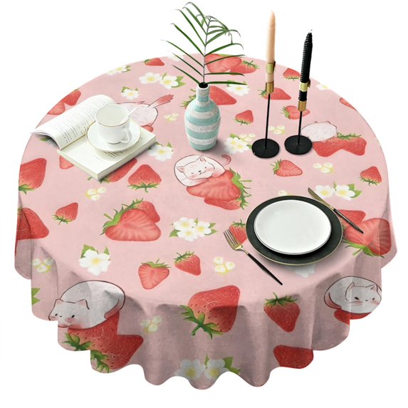 Red Strawberry Plants Fruit Cat Flower Pink Pattern Round Tablecloth 60"x60",Wrinkle Wipeable Table Cloth for Kitchen Dining Room Picnic Patio Party