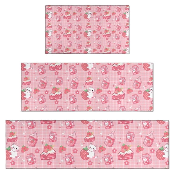 Red Strawberry Plants Fruit Cat Kitchen Rugs Sets Of 3,Kitchen Runner Rugs Non Skid Washable,Decorative Kitchen Floor Mats for Kitchen,Sink,Laundry,17"x30"+ 17"x47" + 17"x59"