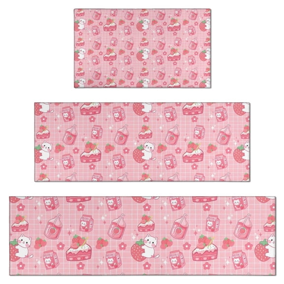 Red Strawberry Plants Fruit Cat Kitchen Rugs Sets Of 3,Kitchen Runner Rugs Non Skid Washable,Decorative Kitchen Floor Mats for Kitchen,Sink,Laundry,17"x30"+ 17"x47" + 17"x59"