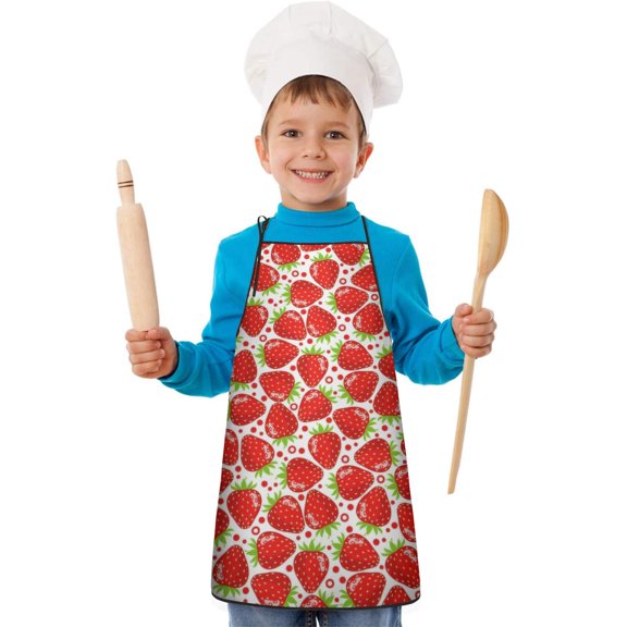 Red Strawberry Plants Fruit Dot Kids Aprons for Girls and Boys,Adjustable Neck Strap Toddler Aprons for Kids Cooking Baking