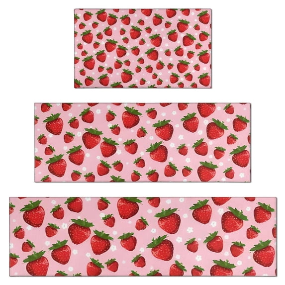 Red Strawberry Plants Fruit Dot Pink Pattern Kitchen Rugs Sets Of 3,Kitchen Runner Rugs Non Skid Washable,Decorative Kitchen Floor Mats for Kitchen,Sink,Laundry,17"x30"+ 17"x47" + 17"x59"