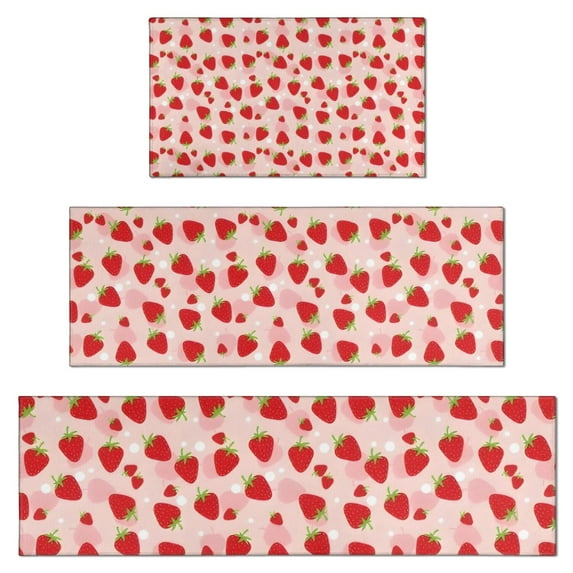 Red Strawberry Plants Fruit Dot Pink Pattern Kitchen Rugs Sets Of 3,Kitchen Runner Rugs Non Skid Washable,Decorative Kitchen Floor Mats for Kitchen,Sink,Laundry,17"x30"+ 17"x47" + 17"x59"