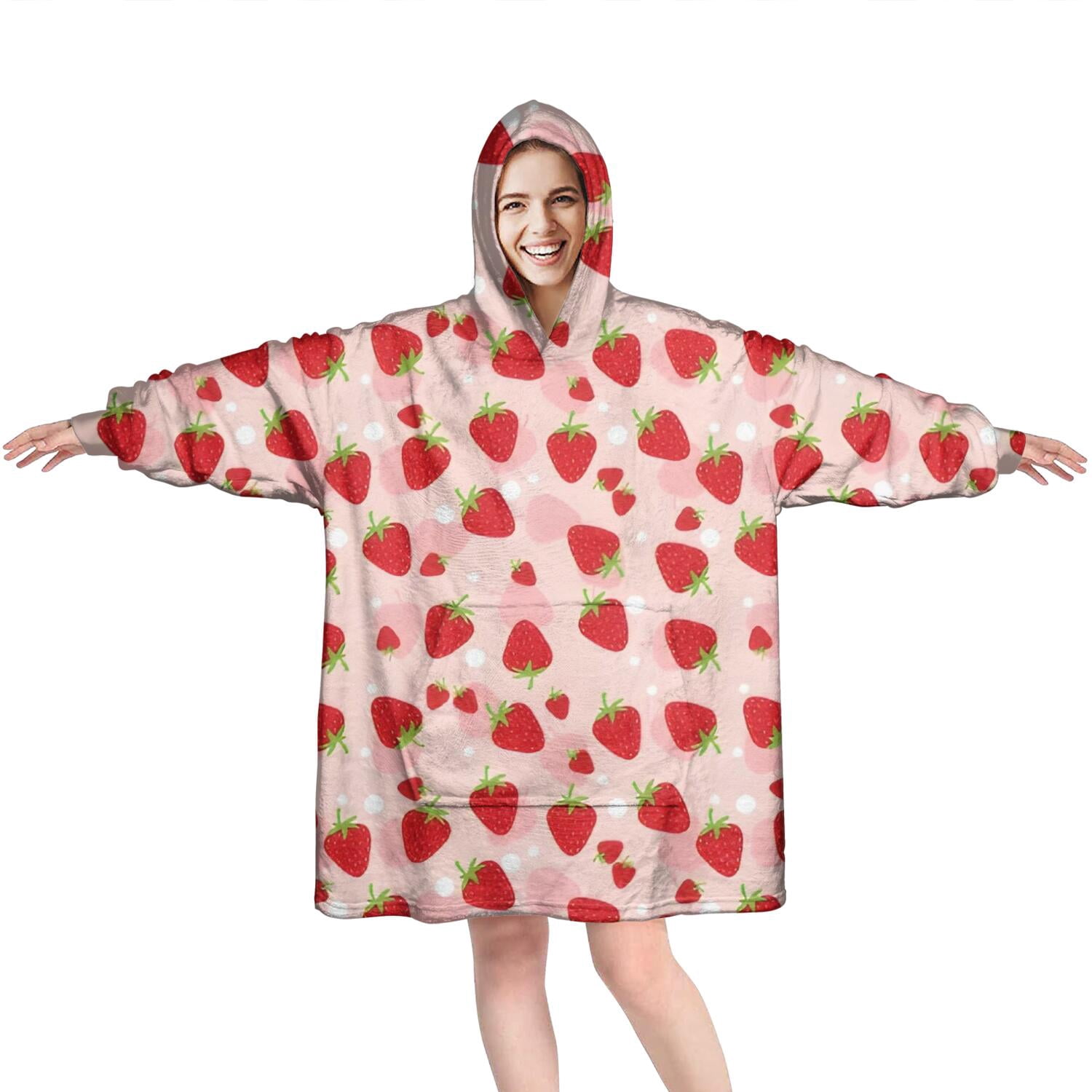 Red Strawberry Plants Fruit Dot Pink Pattern Wearable Oversized Blanket,Wearable Blanket Hoodie for Adults,Cozy Hooded Blankets with Super Pockets,Super Warm Fuzzy Pullover for Women & Men