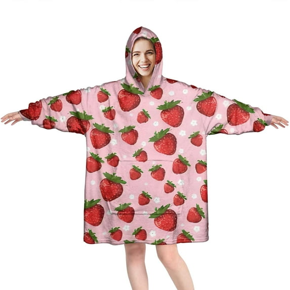 Red Strawberry Plants Fruit Dot Pink Pattern Wearable Oversized Blanket,Wearable Blanket Hoodie for Adults,Cozy Hooded Blankets with Super Pockets,Super Warm Fuzzy Pullover for Women & Men