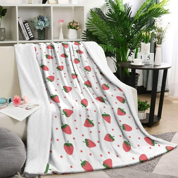 Red Strawberry Plants Fruit Dot White Pattern Blanket,Comfortable Soft Lamb Wool Throw Blanket,All Season,Warm Lightweight Blankets for Sofa Bed Couch Living Room Chair,60"x80"