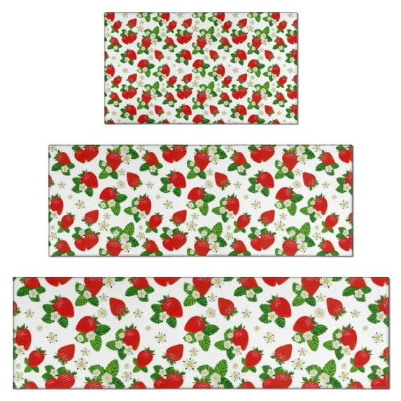 Red Strawberry Plants Fruit Flower Leaf Kitchen Rugs Sets Of 3,Kitchen Runner Rugs Non Skid Washable,Decorative Kitchen Floor Mats for Kitchen,Sink,Laundry,17"x30"+ 17"x47" + 17"x59"