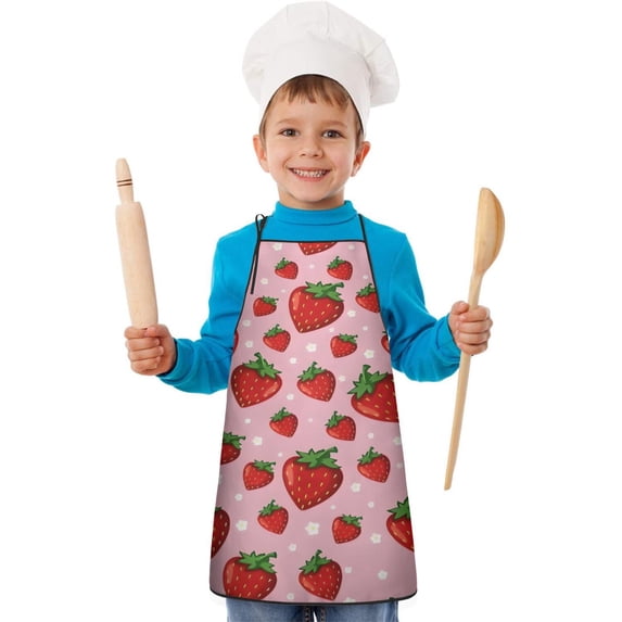 Red Strawberry Plants Fruit Flower Pink Pattern Kids Aprons for Girls and Boys,Adjustable Neck Strap Toddler Aprons for Kids Cooking Baking