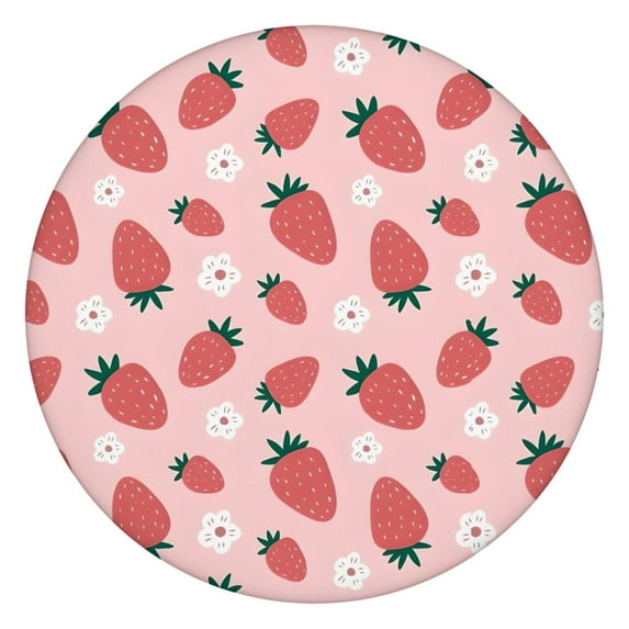 Red Strawberry Plants Fruit Flower Pink Pattern Round Fitted Tablecloth with Elastic Edge,Dining Table Cover Waterproof,Outdoor Round Tablecloth for Camping,Dining,Indoor and Outdoor