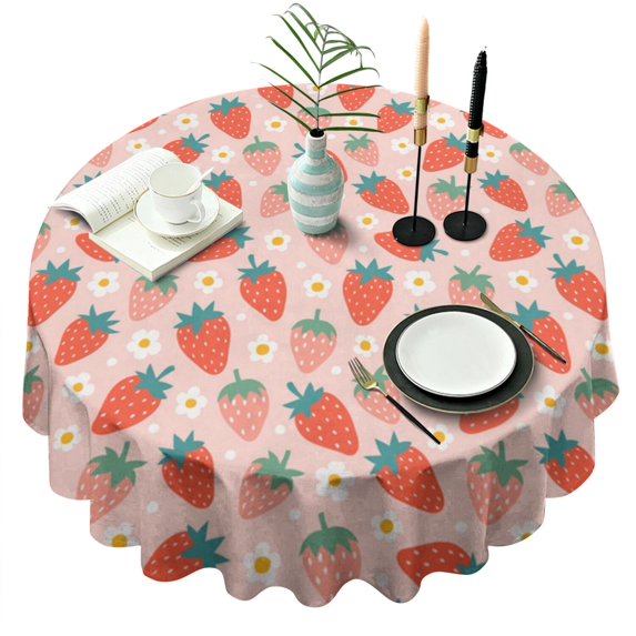 Red Strawberry Plants Fruit Flower Pink Pattern Round Tablecloth 60"x60",Wrinkle Wipeable Table Cloth for Kitchen Dining Room Picnic Patio Party