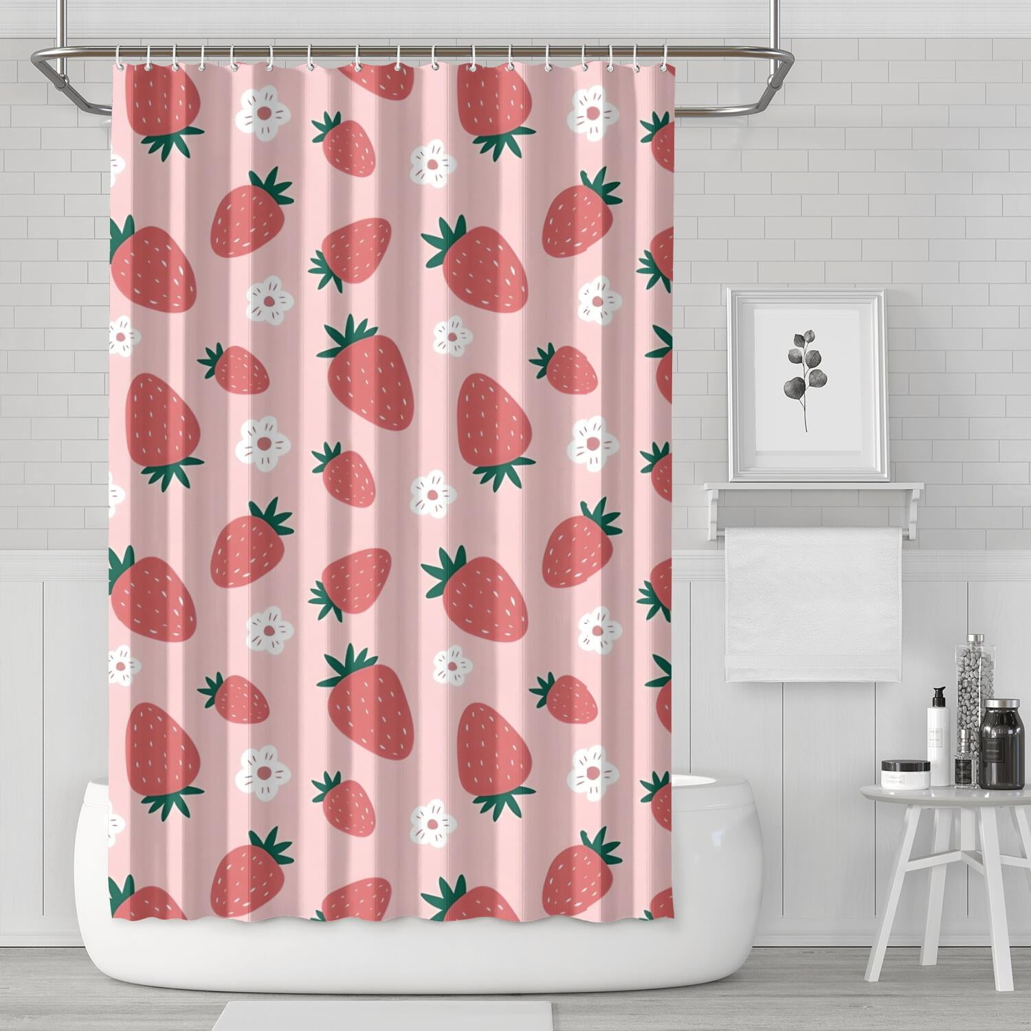 Red Strawberry Plants Fruit Flower Pink Pattern Shower Curtain 72
