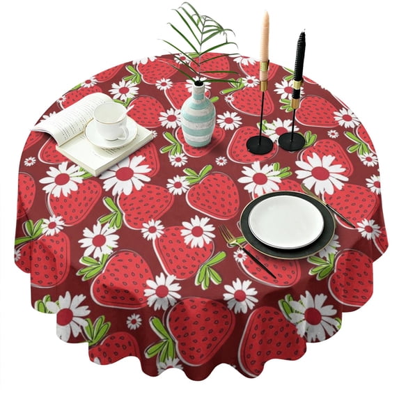 Red Strawberry Plants Fruit Flower Round Tablecloth 60"x60",Wrinkle Wipeable Table Cloth for Kitchen Dining Room Picnic Patio Party