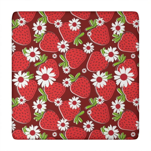 Red Strawberry Plants Fruit Flower Square Fitted Tablecloth with Elastic Edge,Square Table Cover,Washable Elastic Table Cover for Home Kitchen Party Decor 34"x34"
